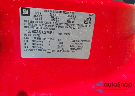 2010 Chevrolet Silverado 1500 Lt z USA, uszkodzony, nr VIN 1GCSKSE39AZ273551